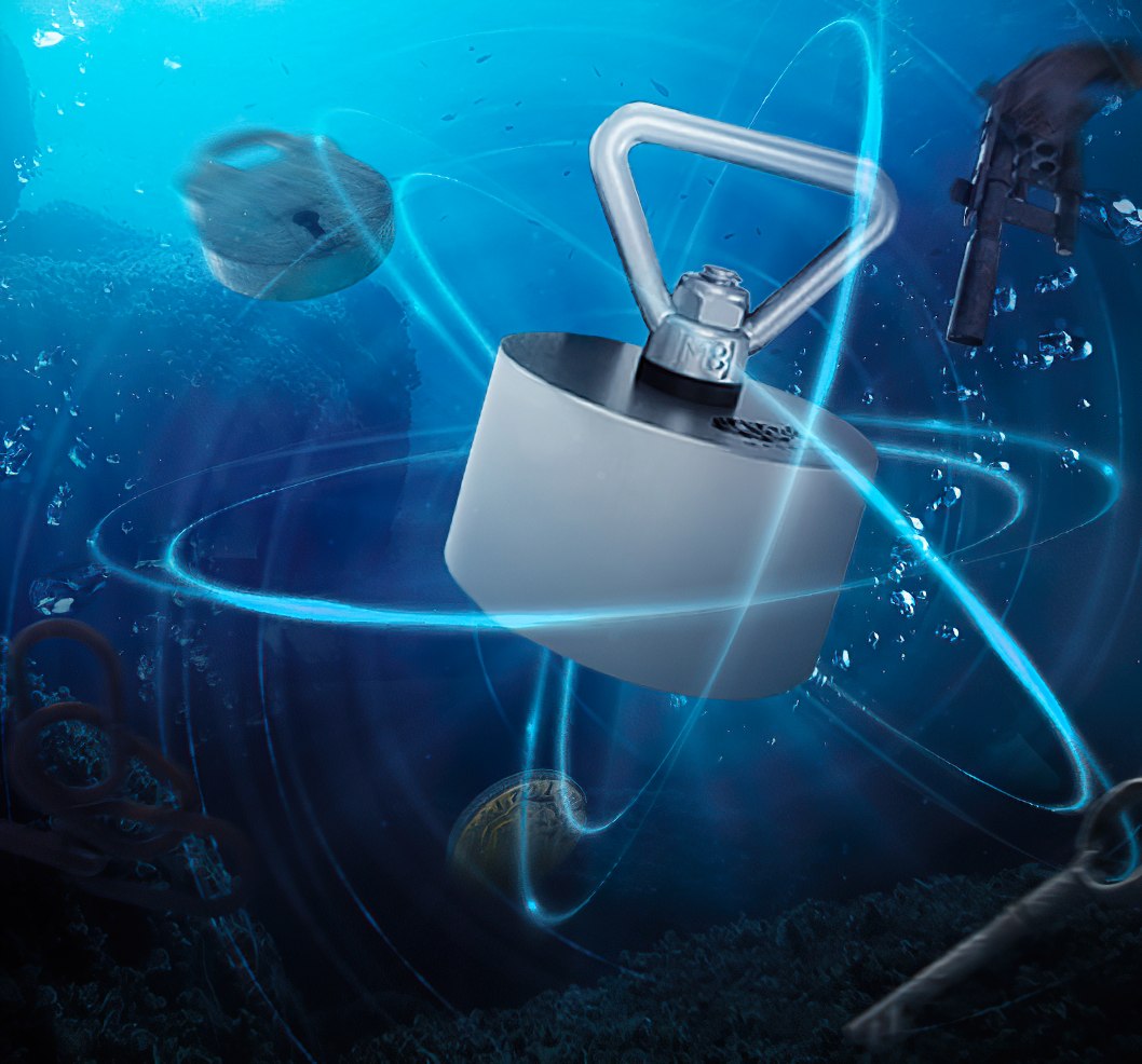 Krachtige ronde neodymium vismagneet met M8 oogbout, ideaal voor magneetvissen naar munten, wapens en metalen objecten.