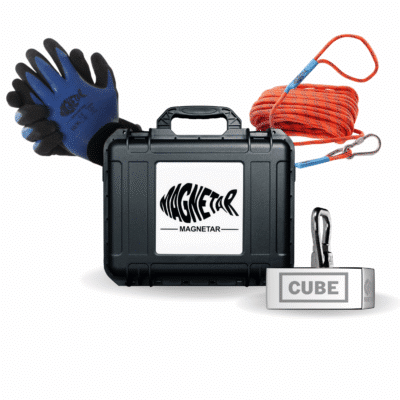 Complete Magnetar Cube magneetvis set met sterke 360° blokmagneet, veiligheidskoffer, oranje touw en waterdichte handschoenen.