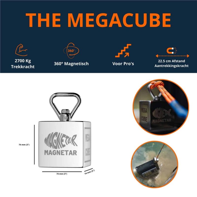 Megacube 360° vismagneet van Magnetar, 2700 kg trekkracht, compact kubusontwerp met oogbout, geschikt voor professionele gebruikers