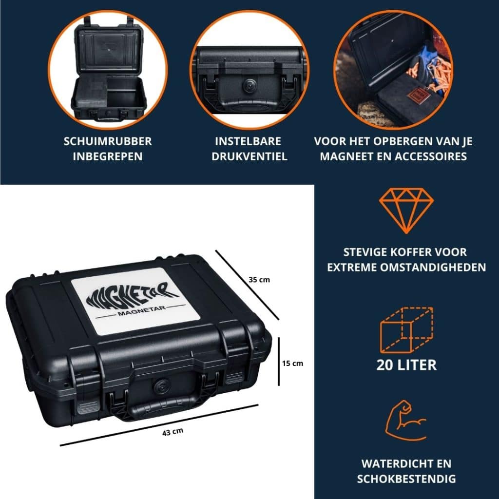 Zwarte Magnetar koffer met de dimensies 43cm x 15cm x 35cm. Schuimrubber en instelbare drukventies is inbegrepen en de koffer is ideaal voor het opbergen van een magneet en accessoires. 20 liter inhoud, waterdicht en schokbestendig