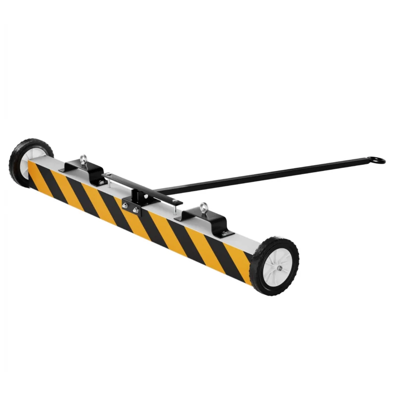 Magnetische terreinbezem met wielen en lange steel, productfoto, voor het opruimen van metaal en schroeven op terrein en werkplaats