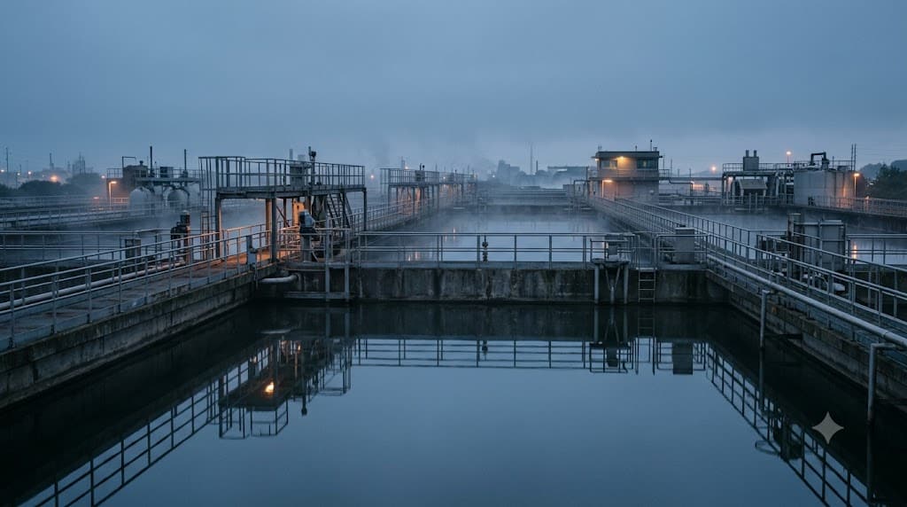 Industrieel waterbassin bij schemering met stalen loopbruggen, leidingen en reflecties in het rustige water